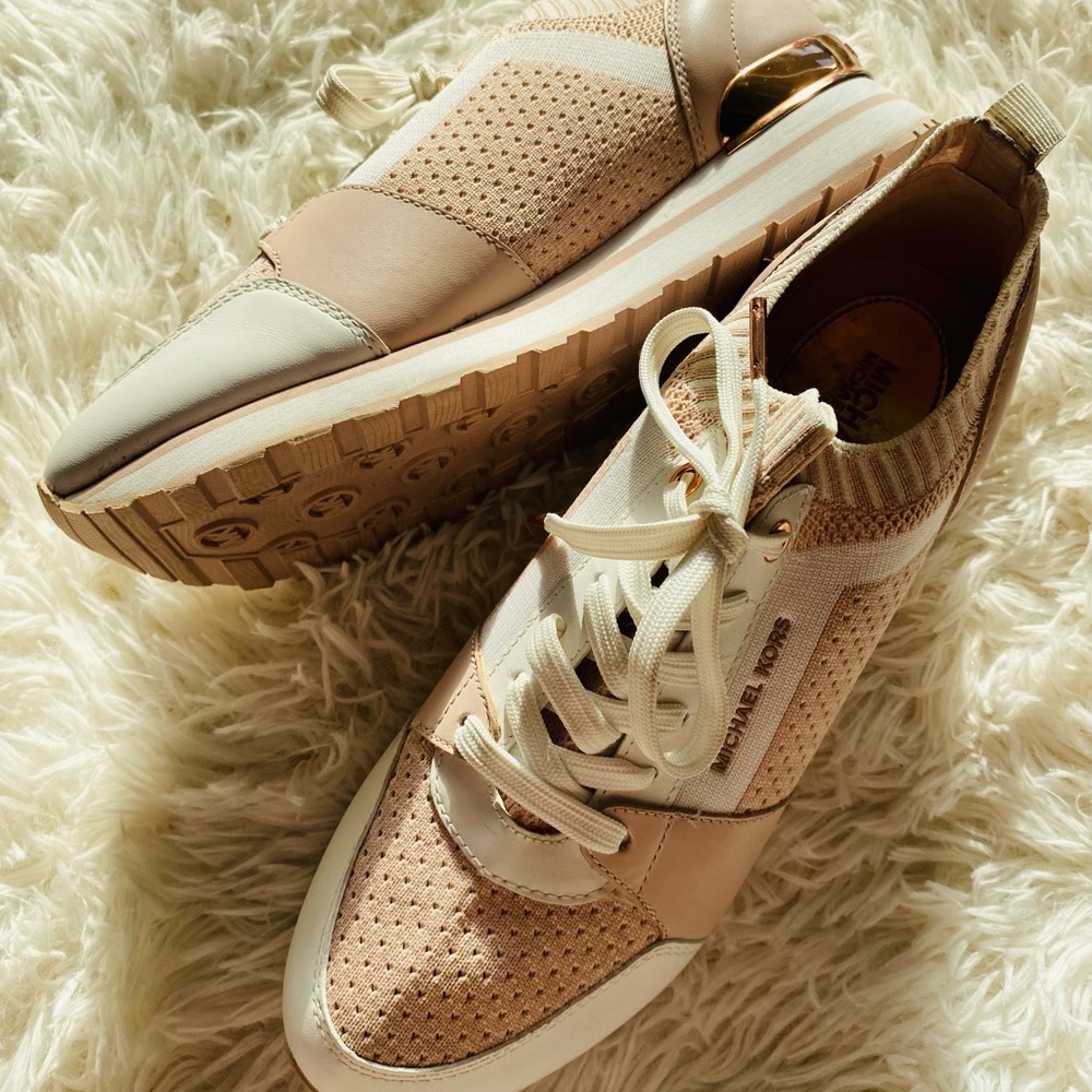 Michael Kors Pink and Cream Perforated Knit Sneakers